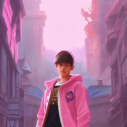 Prompt: a preppy magic student boy wearing a pink hoodie, d & d, fantasy, intricate, cinematic lighting, highly detailed, digital painting, artstation, concept art, smooth, sharp focus, illustration, art by artgerm and greg rutkowski and alphonse mucha