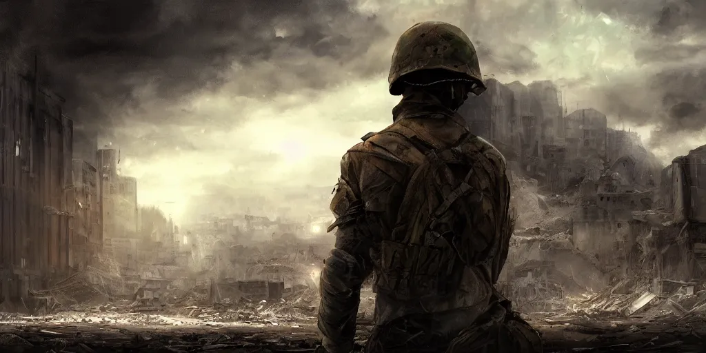 Image similar to a last standing soldier looking at destroyed city, concept art, deviantart, art station, landscape, cinematic, lighting, hyper realistic painting