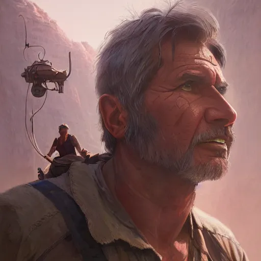 Image similar to harrison ford as indian jones, highly detailed, illustration, fantasy art, in the style of greg rutkowski, cinematic shot, epic, fantasy, intricate, hyper detailed, artstation, concept art, smooth, sharp focus, ray tracing