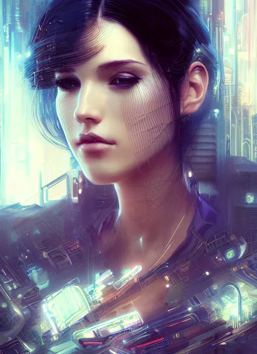 Image similar to beautiful young woman, gorgeous face, bladerunner city landscape, cybernetic, wires, technology, vaporwave aesthetic, synthwave, intricate, elegant, highly detailed, digital painting, artstation, concept art, smooth, sharp focus, illustration, art by artgerm and greg rutkowski and alphonse mucha