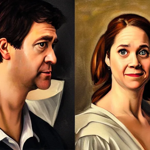 Image similar to portrait painting of jim halpert and pam beesly, in the style of caravaggio