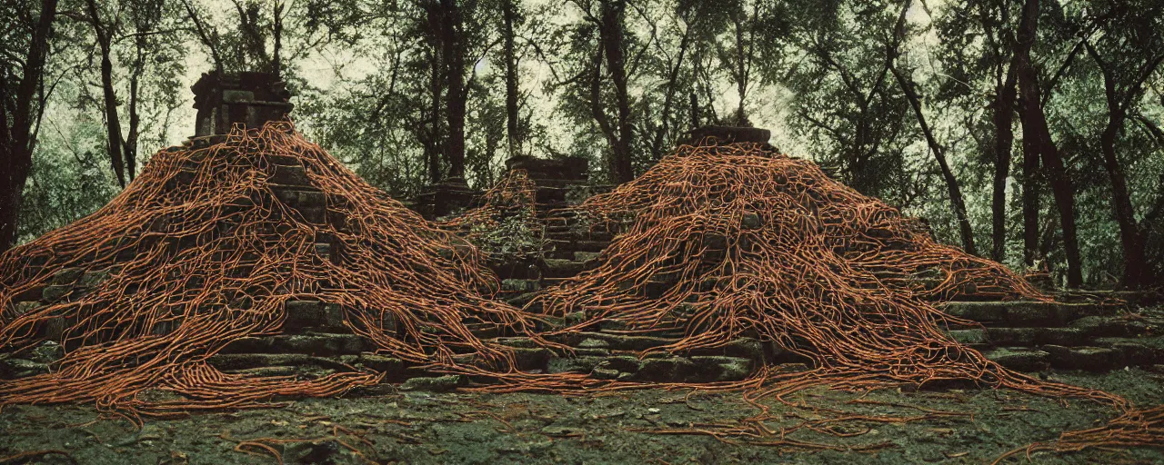 Prompt: an ancient aztec temple in the middle of the forest covered in spaghetti, canon 5 0 mm, cinematic lighting, photography, retro, film, kodachrome