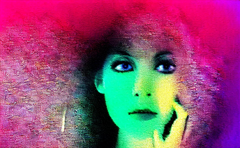 Prompt: vhs glitch art portrait of a frightened woman hidden underneath a sheet, foggy environment, static colorful noise glitch volumetric light, by bekinski, unsettling moody vibe, vcr tape, 1 9 8 0 s analog video, vaporwave aesthetic, directed by david lynch, colorful static, datamosh, pixeled stretching