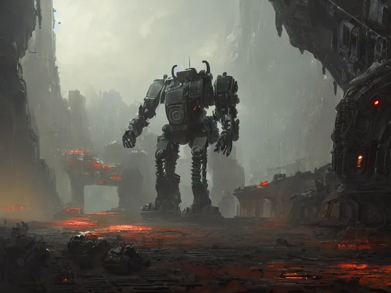 Prompt: a large battle robot stumbles through a cavernous landing bay after a battle, cinematic, dramatic lighting, intricate artwork by eddie mendoza. Trending on artstation. 8k