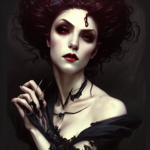 Image similar to elegant victorian vampire, portrait, intricate, elegant, gothic, sensuel, highly detailed, digital painting, artstation, concept art, rough, sharp focus, illustration, art by joe madureire and artgerm and greg rutkowski and alphonse mucha
