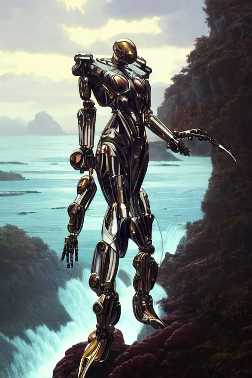 Image similar to detailed intricate digital illustration by greg rutkowski and artgerm and wlop and sanford robinson gifford ; sleek, chrome mech suit, floating with shimmering waterfall in the background ; 1 3 mm film, arri alfa anamorphic lens ; sharp focus, golden hour lighting, mist ; trending on artstation 4 k ; close view