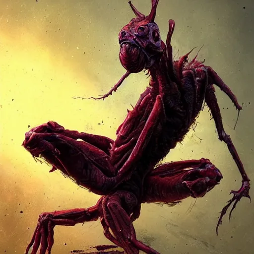 Prompt: scifi art by Greg Rutkowski, hideous monster made of twisted human flesh and reddish ooze, lumpy bloated upper body with elongated, thin limbs like a mantis, small head like a ball with two empty holes for eyes, only human beings are its legs, vicious appearance, scifi, space horror, digital painting, artstation, concept art, smooth, sharp foccus ilustration, Artstation HQ.