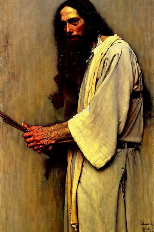 Image similar to norman rockwell and solomon joseph solomon and richard schmid and jeremy lipking victorian loose genre loose painting full length portrait painting of jesus