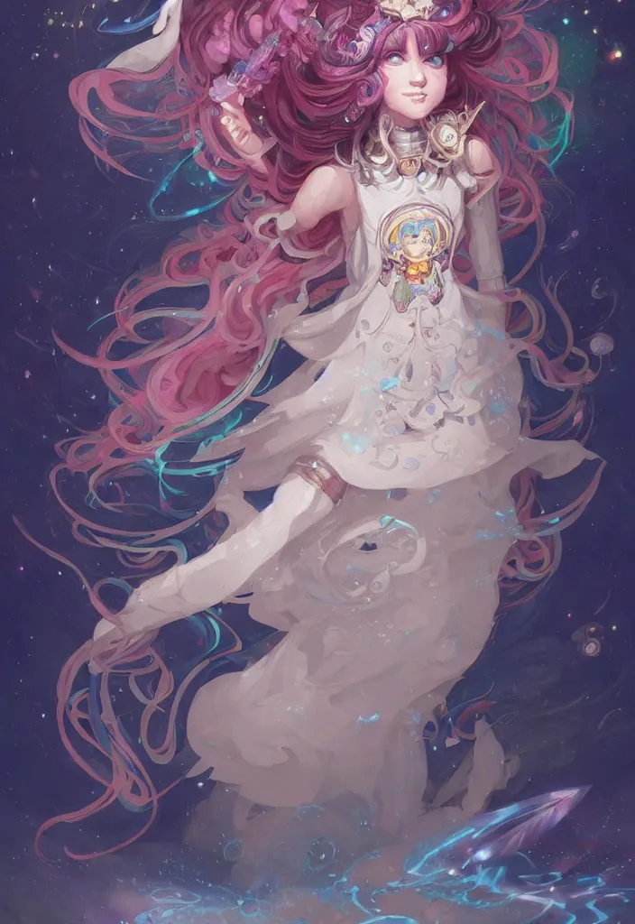 Image similar to full body picture of an maximalist dress magical girl, neat hair with bangs, smug face, extremely beautiful and aesthetic and detailed cute face and eyes, wipe out evils with cute astronaut familiar sprites, aming the magical beams to the camera, chiaroscuro, intricate, masterpiece, epic fantasy illustrations by peter mohrbacher and anato finnstark and jeremy lipking