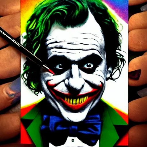 Prompt: ilya yefimovich repin and mimmo rottela and banksy as joaquin phoenix skinny joker!!, holding lady gaga harley queen hand!!, ultra photorealistic, intricate details, pop art style, concept art, confident posse, justify content center, 2 colours, warm color, 4 k, 4 d, ultra smooth, sharp focus