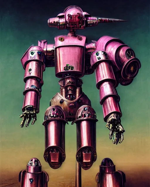 Prompt: hyperrealistic hyperdetailed medieval mecha iridescent pink performing war concept art santiago caruso de chirico sharp very dramatic green light 8k low angle shallow depth of field