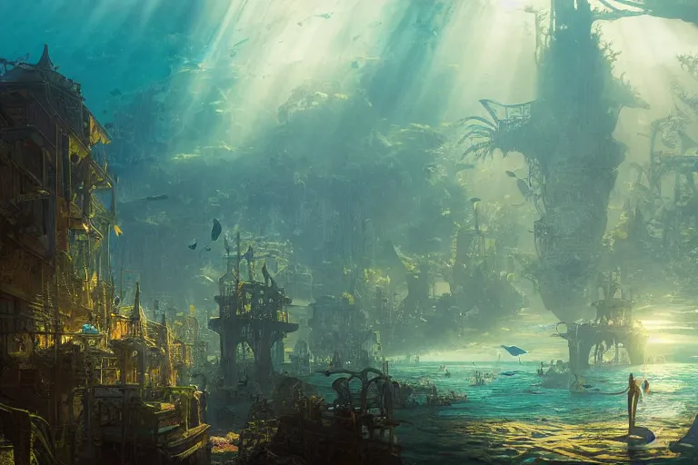 Prompt: a scenic landscaping view of the lost and abandoned city of Atlantic under water, ray of sunlight, mermaids in distance, Greg Rutkowski, Moebius, Mohrbacher, Mucha, blue and gold color scheme, ultra wide angle, light effect