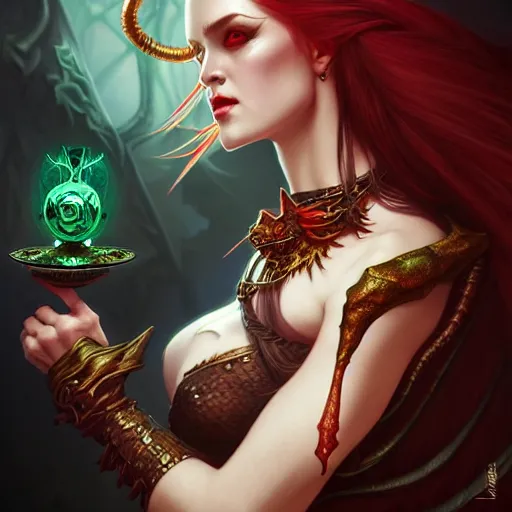 Image similar to demoness, female, d & d, fantasy, intricate, elegant, highly detailed, digital painting, artstation, octane render, concept art, matte, sharp focus, illustration, hearthstone, art by artgerm and steve argyle and alphonse mucha and johannes voss