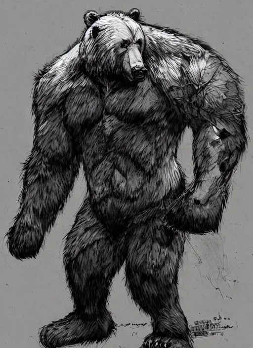 Image similar to Full body portrait of an old muscular man with blonde hair and dark beard wearing bear skin, a large bear spirit is standing beside. In style of Yoji Shinkawa and Hyung-tae Kim, trending on ArtStation, dark fantasy, great composition, concept art, highly detailed.