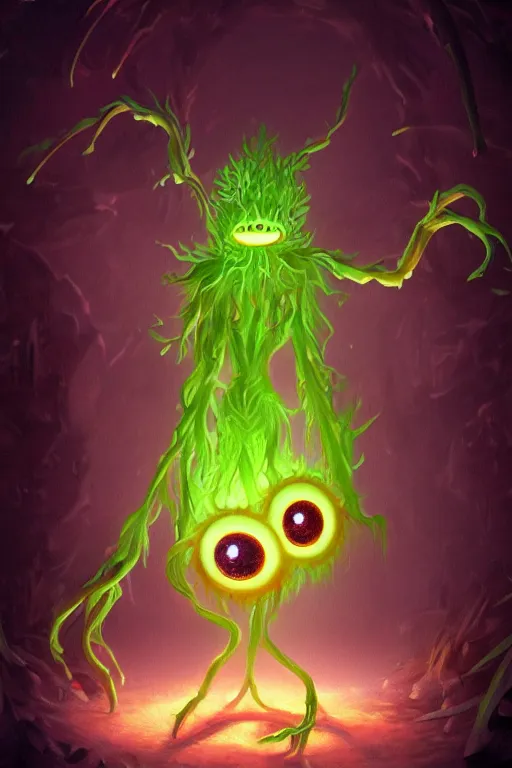 Prompt: a glowing humanoid figure onion monster with large glowing eyes, ambient lighting, highly detailed, digital art, sharp focus, trending on art station, plant, anime art style