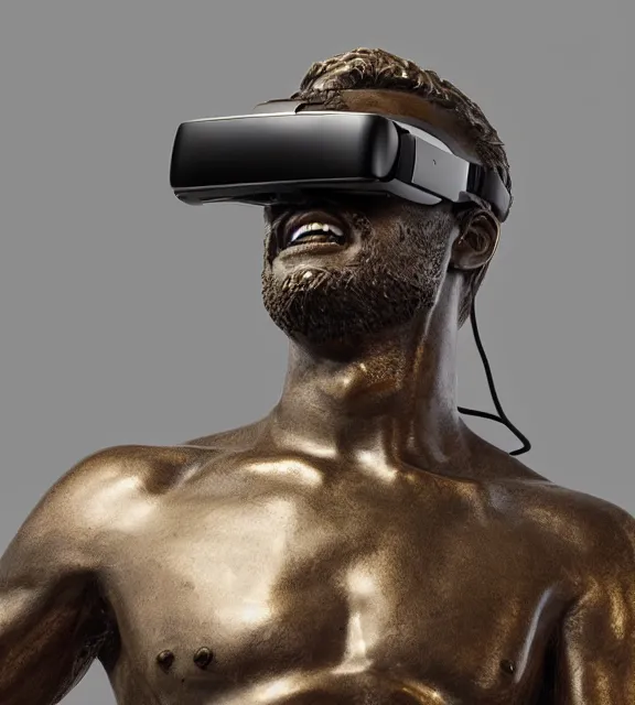 Image similar to a 4 k photorealistic photo medium shot of a bronze statue of a man wearing a vr headset, amazed.