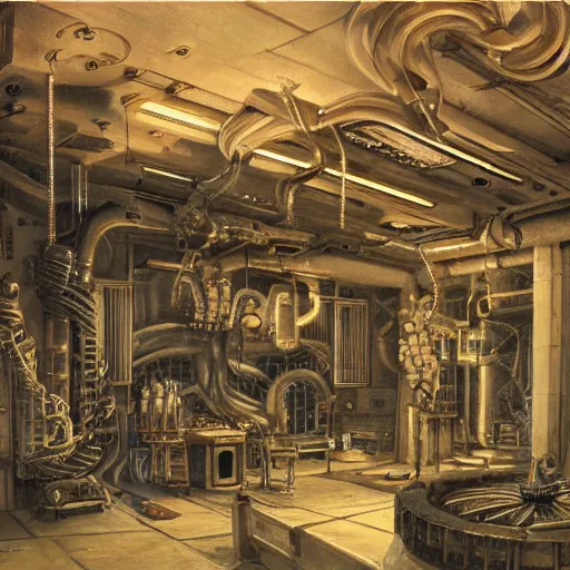 Image similar to detailed painting of a japanese repair shop interior room with celestial ephemeral ornaments and hr giger architecture, artstation, h. r giger, cinematic