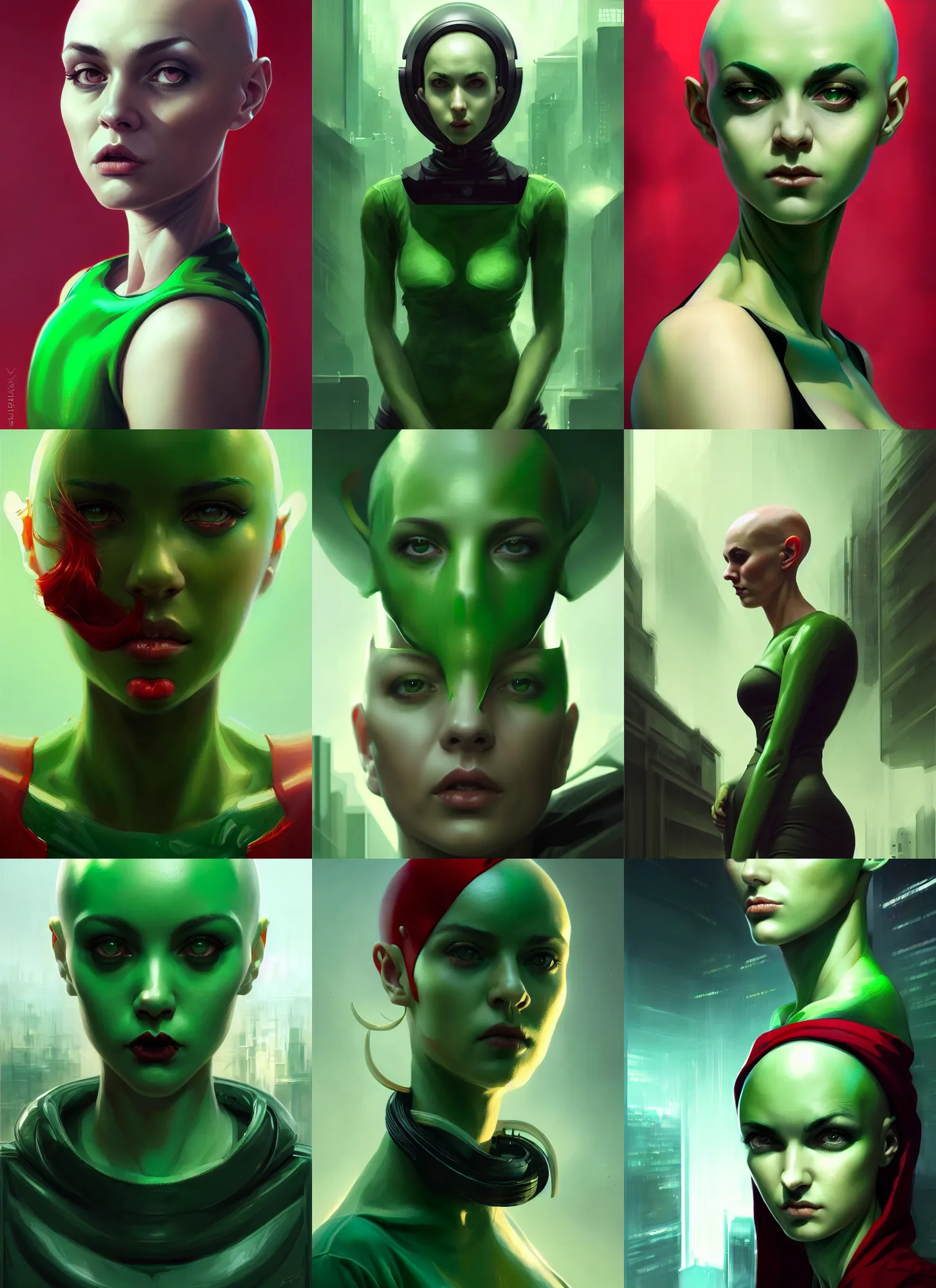 Prompt: portrait of a green young woman, small horns asymmetrical face, mall goth, bald, red contacts, bulging muscles, jumping across a futuristic city. intricate, elegant, highly detailed, digital painting, artstation, concept art, sharp focus, smooth, illustration, art by wlop, mars ravelo and greg rutkowski