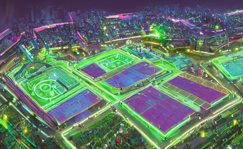 Image similar to sports field on rooftop, neon spot lights, highly detailed, digital painting, artstation, concept art, sharp focus, illustration