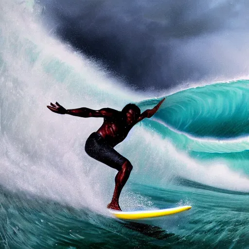 Prompt: a wide angle dynamic action photo of a black man with dreadlocks surfing in a thunderstorm, large violent waves, by clark little and rhads