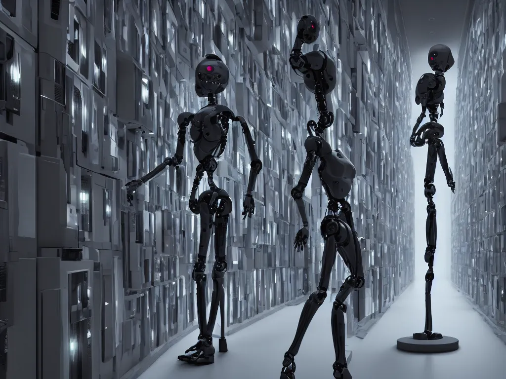 Image similar to a tall female robot guarding a wall of computers, confident, moody, dramatic, introspective, 8 k, octane render, photorealistic, hyper detailed, perfect lighting