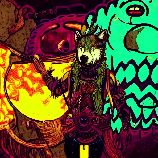 Image similar to wolf headed shaman, meditating, floating, angry, cyberpunk, junkyard, neon glow, electric glow, dark dynamic lighting