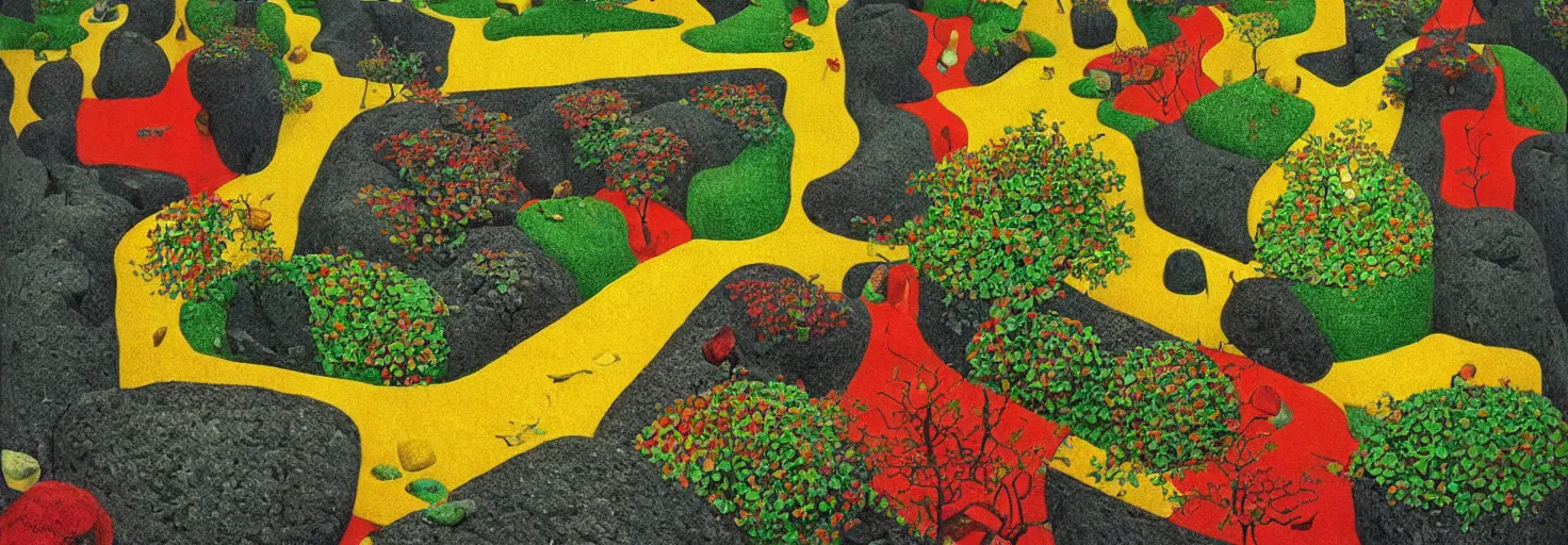 Image similar to a rock garden by m. c. escher, yellow, green, red, snowy, ultra sharp, ultra detailed, cyberpunk, happy, uplifting, colorized by salvador dali