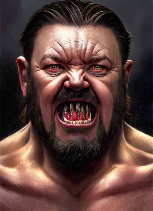 Image similar to portrait of ricky gervais as an orc, d & d, muscular! fantasy, intricate, elegant, highly detailed, digital painting, artstation, concept art, smooth, sharp focus, illustration, art by artgerm and greg rutkowski and alphonse mucha