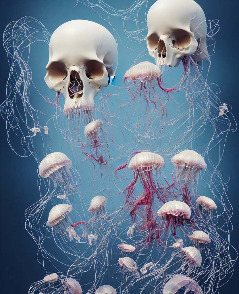 Image similar to composition of human skulls, animals skulls, bones, rib-cage. jellyfish orchids and betta fish, bioluminiscent, intricate artwork by Tooth Wu and wlop and beeple. octane render, trending on artstation, greg rutkowski very coherent symmetrical artwork. cinematic, hyper realism, high detail, octane render, 8k