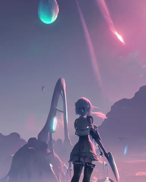 Prompt: ultra detailed anime girl, beautiful landscape, nier automata, machine planet, alien, glass obelisks, ufo in the sky, colorful light, advanced technology, cinematic lighting, sharp focus, artstation, intricate, masterpiece, art by bastien grivet and darwin cellis and jan urschel