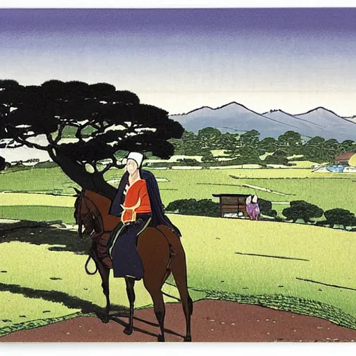 Prompt: an irishman drinking a black stout on a horse by kawase hasui