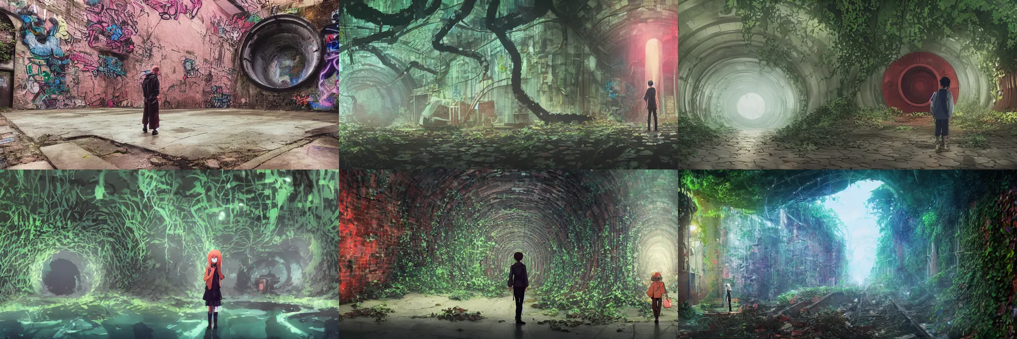 Prompt: anime movie screenshot, person standing in edge of large round sewer pipe in underground london sewer, overgrown vines, bricks, street art, graffiti, colorful mural on walls, submerged dramatic, misty, cinematic lighting, ghibli, sharp focus, by koji morimoto, by tatsuyki tanaka, 4 k