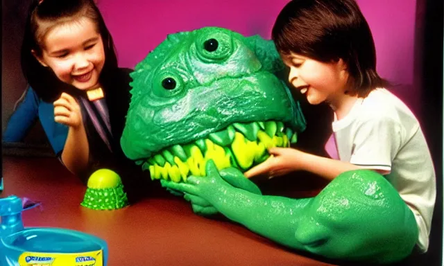 Prompt: kid playing with slime monster, realistic, detailed faces, toy commercial photo, highly detailed, photo from the 80s