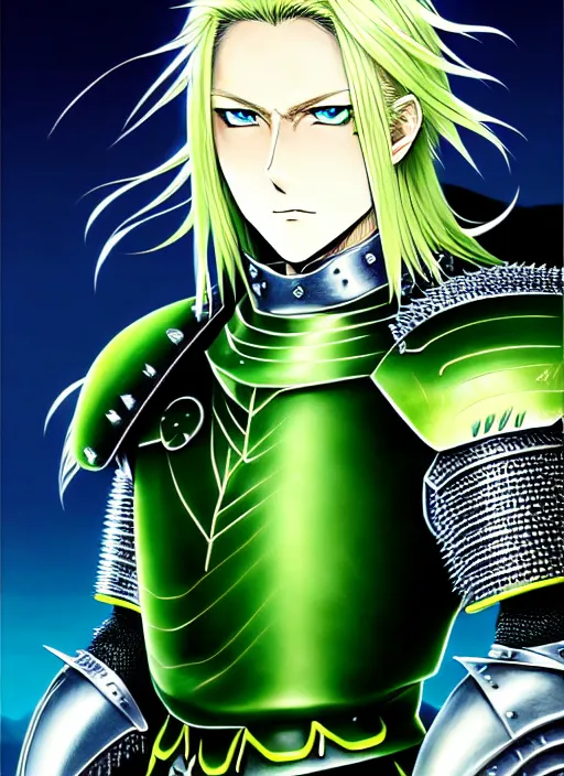 Prompt: a detailed manga full body portrait illustration of a man with long blonde hair and blue eyes wearing evil green spiked armour in a desolate place by hirohiko araki, detailed artwork, realism, 4 k resolution, detailed, high quality, sharp focus, hq artwork, insane detail, volumetric lighting, character concept art, fine details, clear subject, central subject