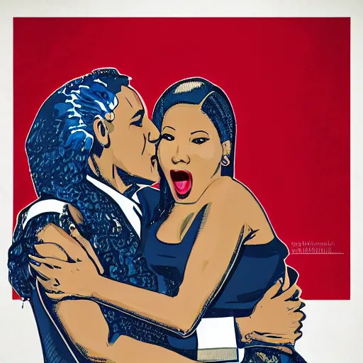 Image similar to nicki minaj hugged by barack obama from behind, soviet colored propaganda poster, highly detailed illustration