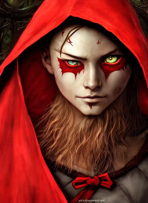 Image similar to digital _ picture _ little red riding hood and the wolf _ red cloak _ wonderful eyes _ philippe _ poles _ and _ justin _ gerard _ symmetrical _ fantasy _ very _ detailed _ realistic _ complex _ clear focus