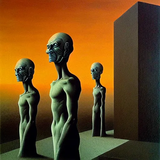 Image similar to dystopian surreal painting of eerie head statues surrounded by buildings by zdzisław beksinski and caravaggio