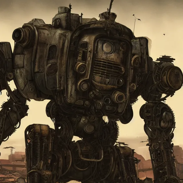 Prompt: a mech in the style of fallout in the style of mad max in the style of metro : 2 0 3 3 hyper detailed photorealistic hd 8 k post - processing high resolution