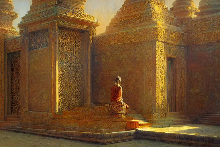 Image similar to mausoleum, buddhism, maze, painting by gaston bussiere, greg rutkowski