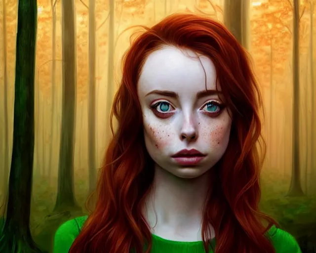 Image similar to realistic character concept, gorgeous Kacey Rohl, red hair, small freckles, symmetrical face, symmetrical eyes, green dress, forest, trees, shorter neck, cinematic lighting, artgerm, Joshua Middleton, Adreas Rocha, beautiful