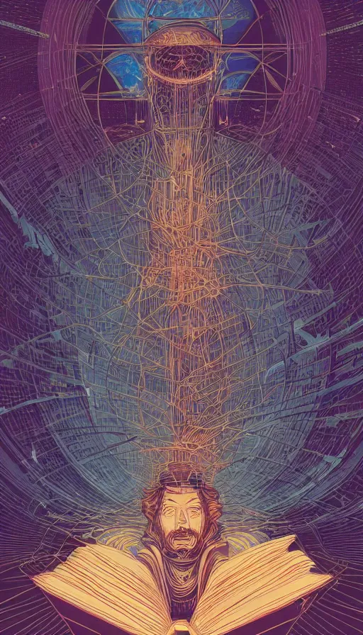 Prompt: the oracle of wise bibliophiles, futurism, dan mumford, victo ngai, kilian eng, da vinci, josan gonzalez