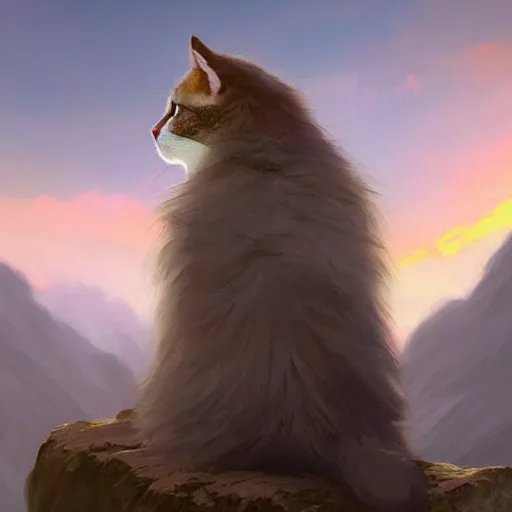 Image similar to epic portrait an lonely fluffy cat sitting alone on a mountain during sunset, back profile, digital painting, artstation, concept art, soft light, hdri, smooth, sharp focus, illustration, fantasy, intricate, elegant, highly detailed, D&D, matte painting, in the style of Greg Rutkowski and Alphonse Mucha and artemisia, 8k, highly detailed, jurgens, rutkowski, bouguereau, pastoral, rustic, georgic, detailed concept art, illustration, colorful pastel, painting, detail, ultra detailed, digital art, 4K,