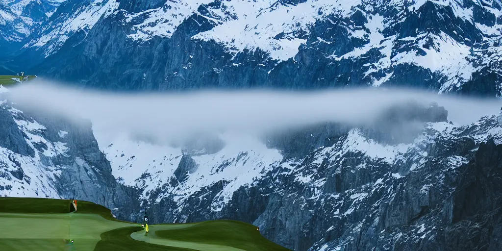 Image similar to a great photograph of the most amazing golf hole in the world, perfect light, over a cliff, in the swiss alps, hangglider, high above treeline, ambient light, 5 0 mm, golf digest, top 1 0 0, fog