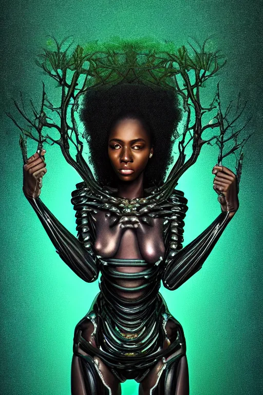 Prompt: hyperrealistic post - baroque super expressive! black woman with exoskeleton armor, merging with tree in a forest, highly detailed digital art masterpiece smooth cam de leon eric zener dramatic pearlescent blue green light ground angle hd 8 k sharp focus