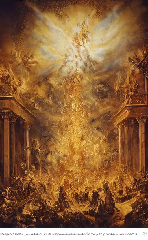 Image similar to 'Deamons Invade The Holy See' by István Sándorfi royally decorated, whirling smoke, embers, gold encrustations , gilt silk torn fabric, radiant colors, fantasy, perfect lighting, studio lit, micro details,