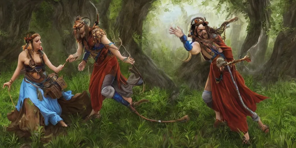 Prompt: a Druid wearing headphones tries to rescue a damsel in distress