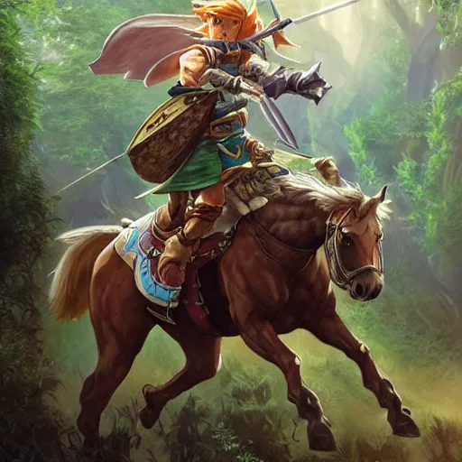 Image similar to Link from Ocarina of Time, riding a majestic horse through The lost woods of Hyrule, D&D, fantasy, intricate, elegant, highly detailed, digital painting, artstation, concept art, matte, sharp focus, illustration, art by Artgerm and Greg Rutkowski and Alphonse Mucha