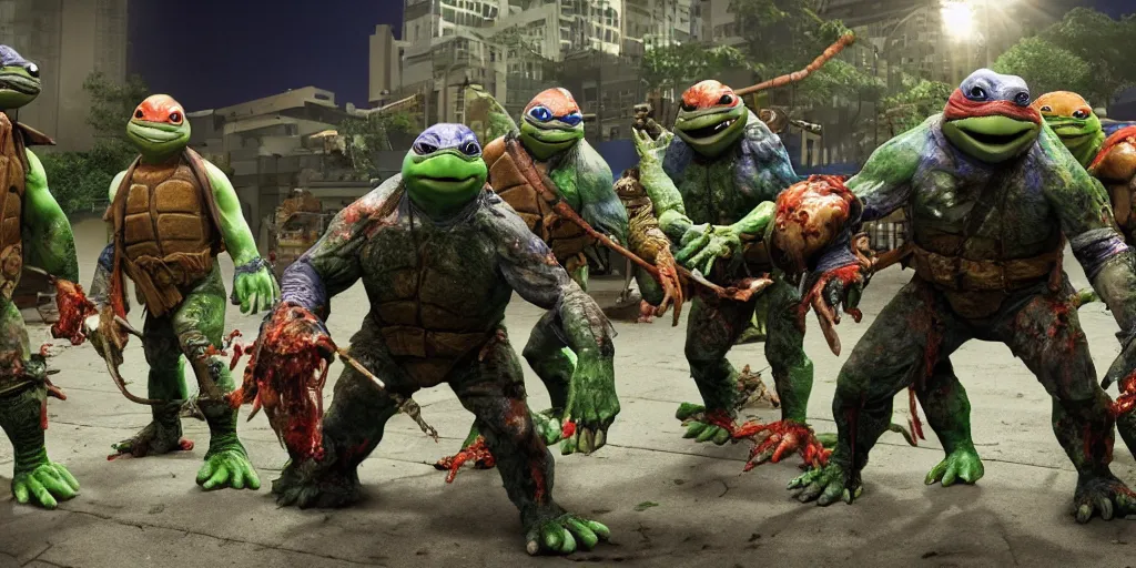 Prompt: close - 3 ninja turtles zombie, ninja turtles escape and two military ( american uniform ) ran to sound the alarm and all the turtles began to descend the water slides,, 4 k,