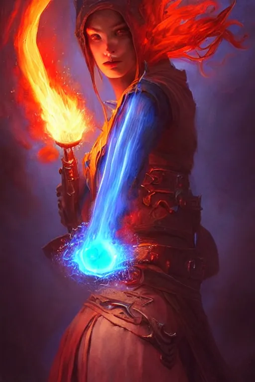 Image similar to Front portrait of mage hold a blue fire on right hand and red fire on the left hand, full body, fine art, awesome fantasy book cover on Pinterest, award winning, dark fantasy landscape, fantasy magic, intricate, elegant, sharp focus, cinematic lighting, highly detailed, digital painting, concept art, art by WLOP and Artgerm and Greg Rutkowski, masterpiece, trending on artstation, 8K