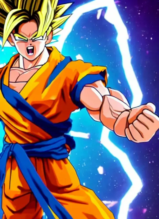 Image similar to game still of super sayan goku as a fortnite skin in fortnite.